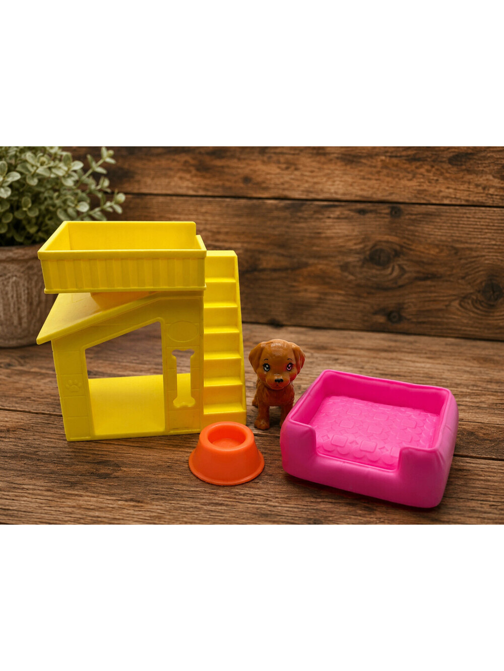 Barbie Pet Puppy Doghouse Bed Bowl Figure Accessory Set Yellow Pink